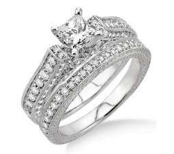 2.10 Carat Antique Bridal Set Engagement Ring with Princess Cut Diamond in 10k White Gold
