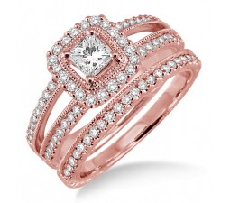 2.00 carat Antique Bridal set Halo Ring with Round Cut diamond in 10k Rose Gold