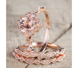 2.25 carat Morganite Diamond Trio Wedding Bridal Ring Set in 10k Rose Gold with Engagement Ring & 2 Wedding Bands