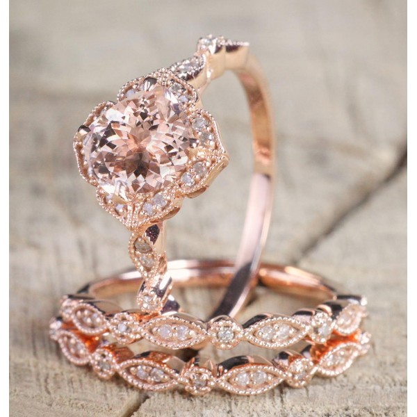 2.25 carat Morganite Diamond Trio Wedding Bridal Ring Set in 10k Rose ...