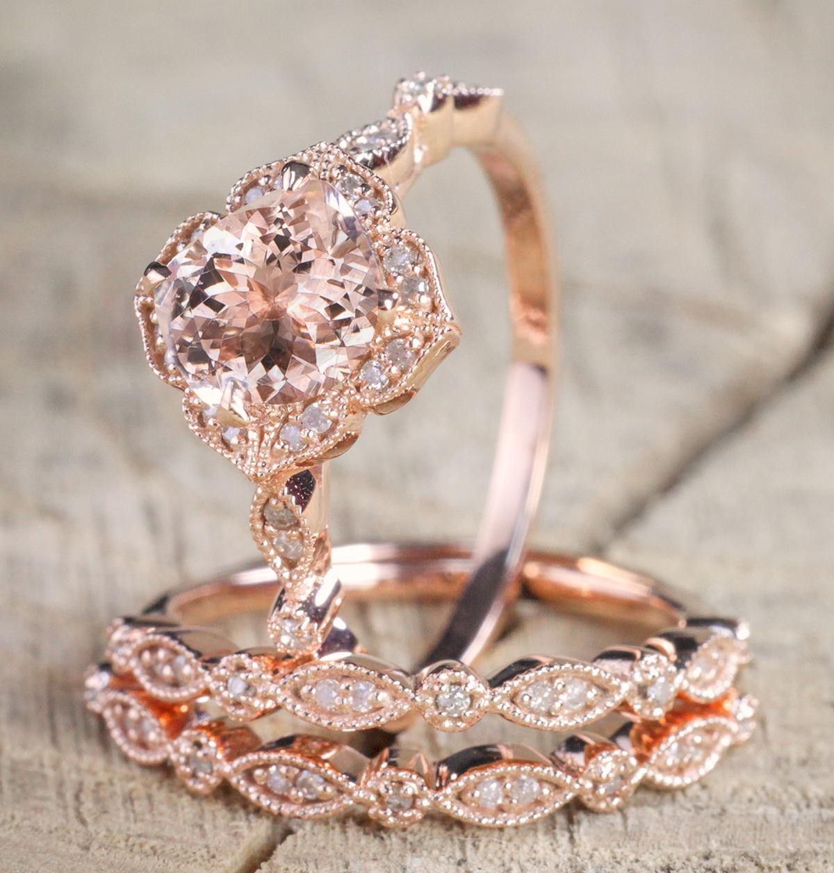 2 Carat Morganite And Diamond Trio Wedding Bridal Ring Set In 10k Rose