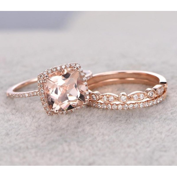 Sale 2 carat Morganite and Diamond Trio Wedding Bridal Ring Set in 10k ...