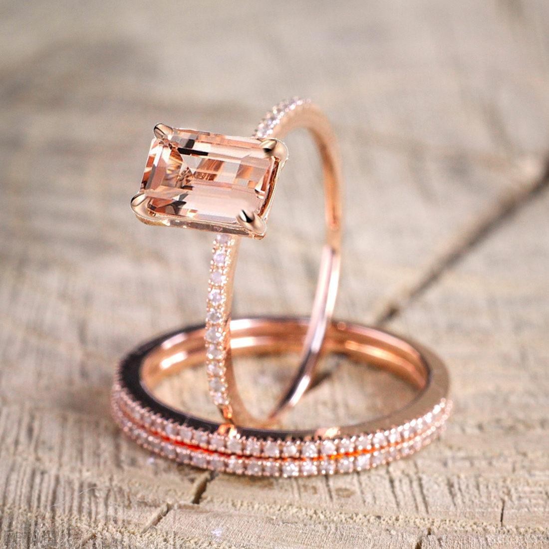 Limited Time Sale 2.50 carat Morganite and Diamond Trio Ring Set in 10k ...