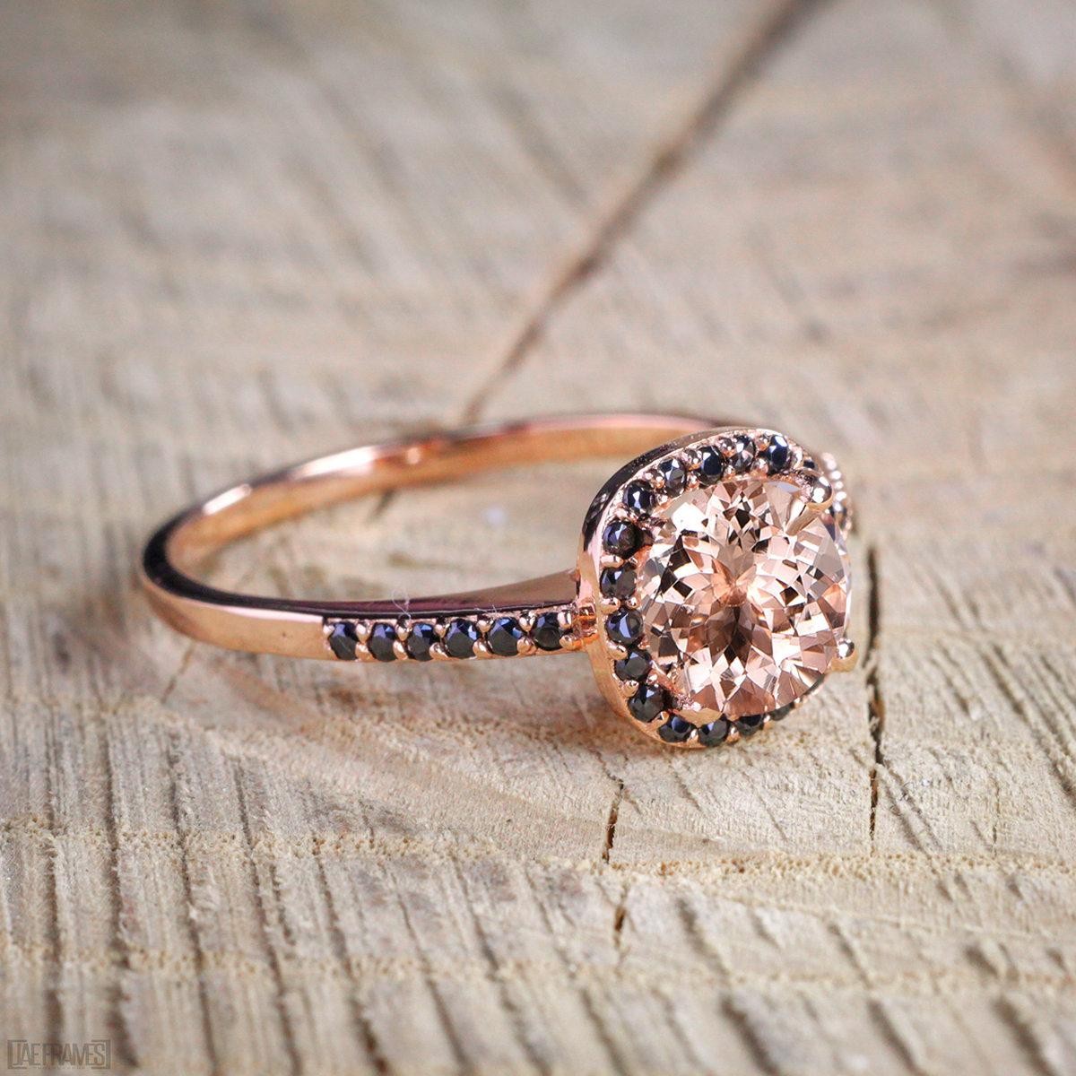 1.50 Carat Peach Pink Round Morganite and Black Diamond Engagement Ring in 10k Rose Gold for Women
