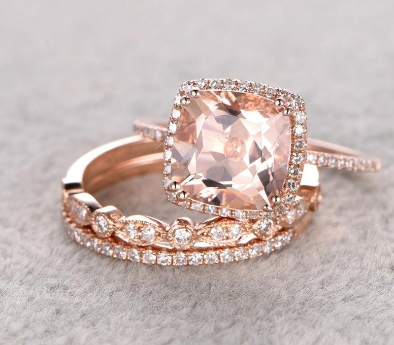 Limited Time Sale 2 carat Morganite Diamond Trio Wedding Bridal Ring ...