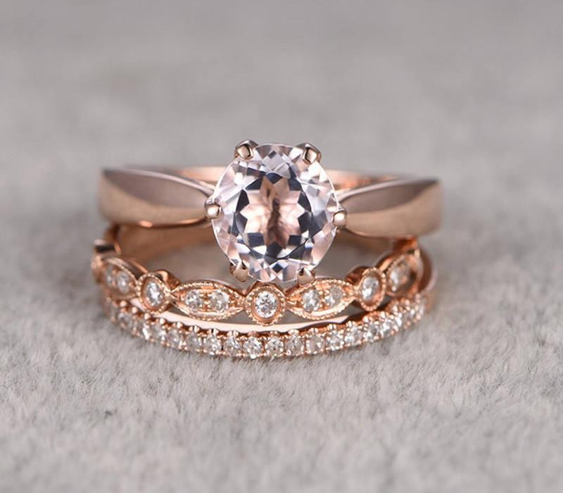 Limited Time Sale 2 carat Morganite and Diamond Trio Ring Set in 10k ...