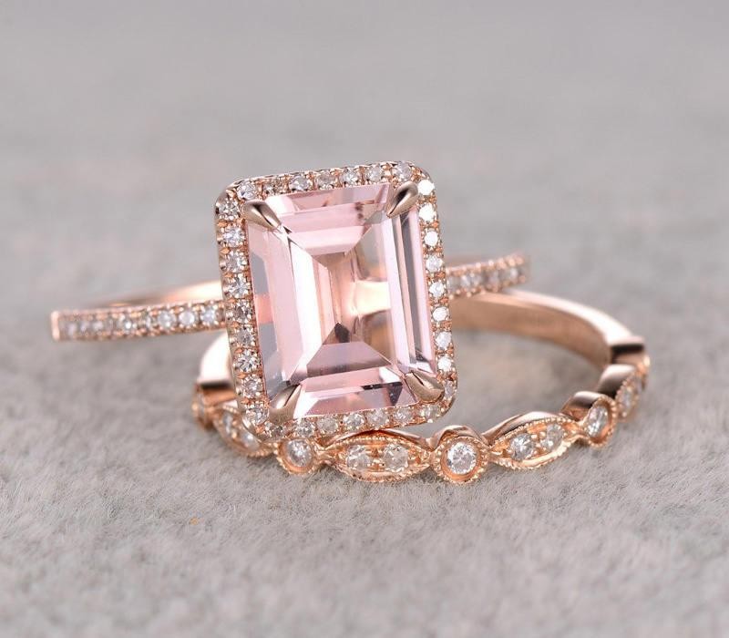 Perfect Halo Bridal Set on Sale 1.50 carat emerald Cut Morganite and ...