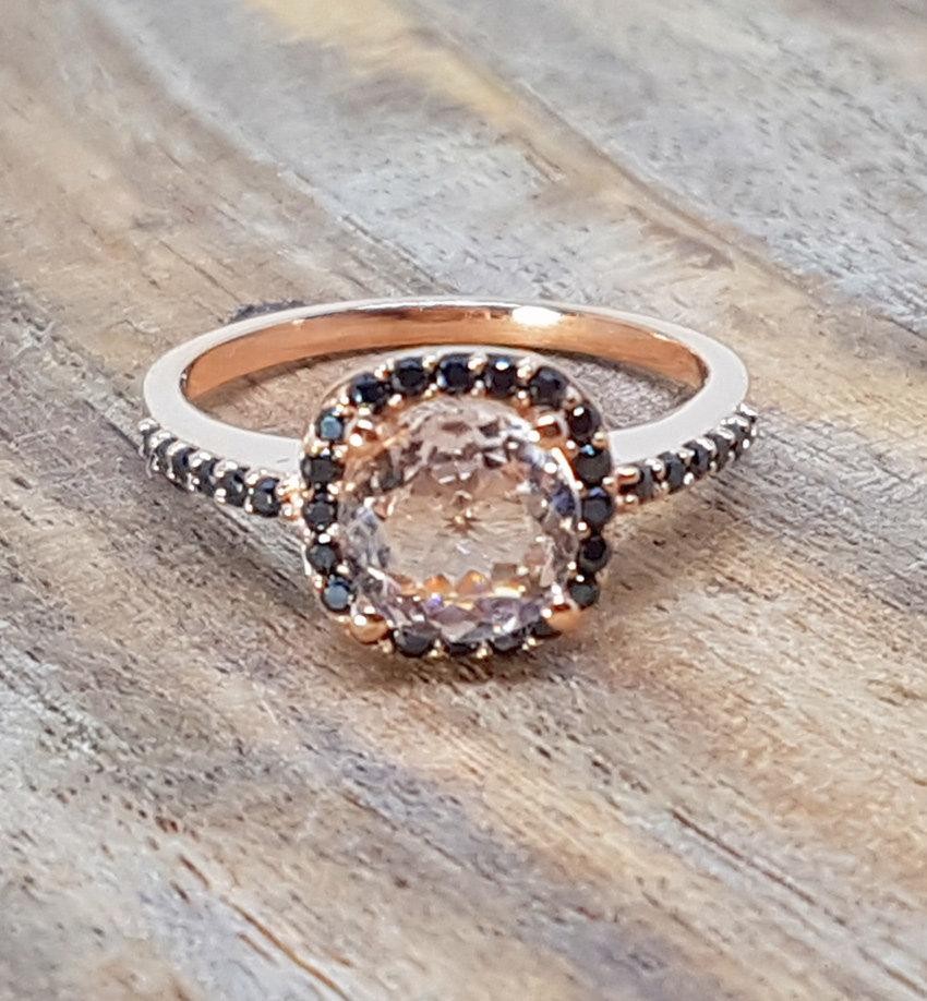  Sale  2 carat Morganite Black Diamond  Trio Wedding  Ring  