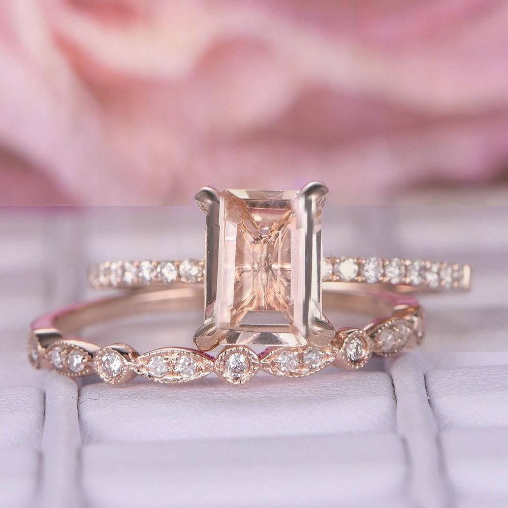 Perfect Bridal Set on Sale 1.50 carat emerald Cut Morganite and Diamond ...
