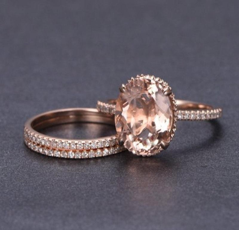 Limited Time Sale 2 carat Morganite and Diamond Trio Ring Set in 10k ...