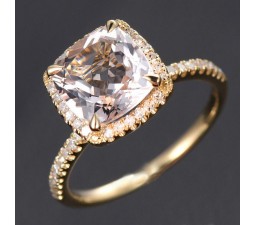 1.50 Carat Cushion Cut Peach Pink Morganite and Diamond Halo Engagement Ring in 10k Yellow Gold for Women on Sale