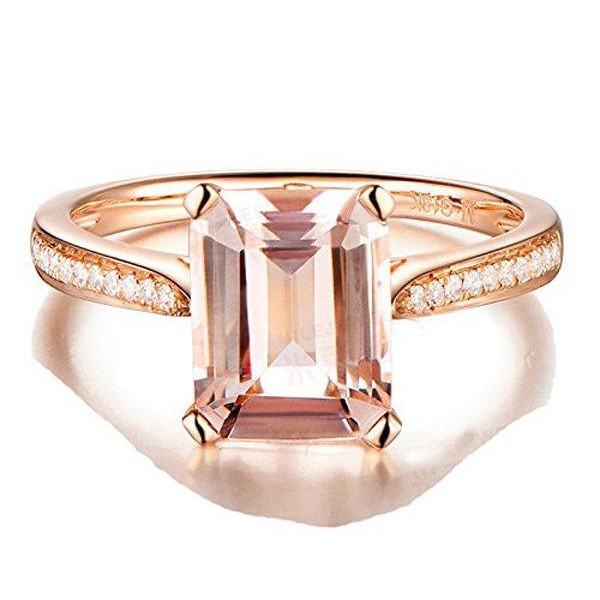 Emerald Cut Peach Morganite & Diamond Ring