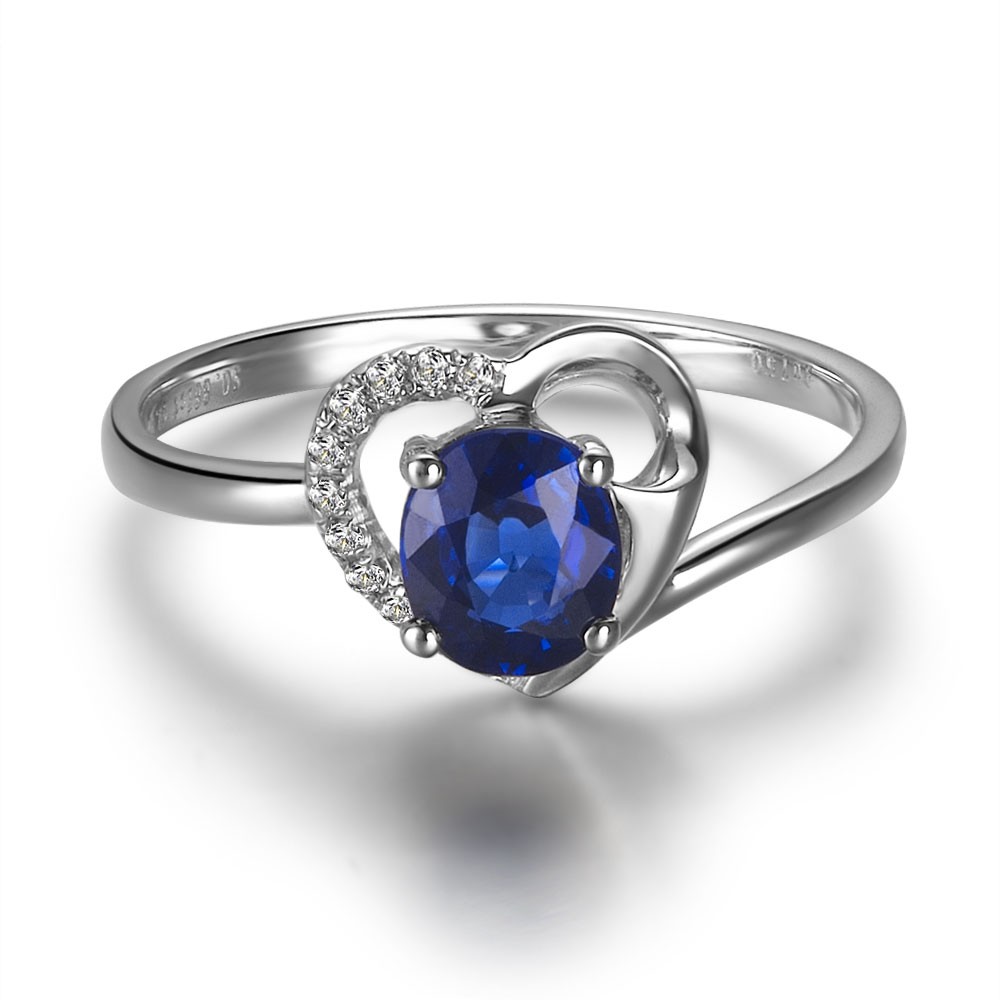 Exquisite Sapphire and Diamond Heart Ring Cheap Engagement Ring 1.10 Carat Round Cut Diamond on Gold JeenJewels